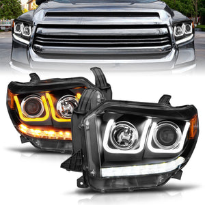 ANZO 14-18 Toyota Tundra w/ LED DRL Projector Headlights w/ U-Bar Switchback Black w/ DRL